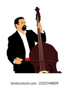 Man playing contrabass vector illustration isolated. Music man with contra bass standing on concert event stage. Double bass performer amusement entertainment. Classic musician with string instrument.