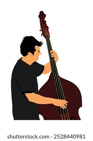 Hombre jugando Ilustración vectorial contrabajo aislado. Hombre de la música con el contrabajo que se coloca en el escenario del acontecimiento del concierto. Entretenimiento de diversión para intérpretes de contrabajo. Músico clásico con instrumento de cuerda.