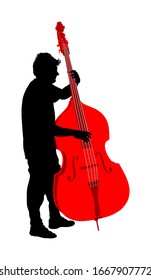 Man playing contrabass vector silhouette isolated. Music man with contra bass standing on the concert event. Double bass performer. Musician with string instrument on stage. Classic concert event.