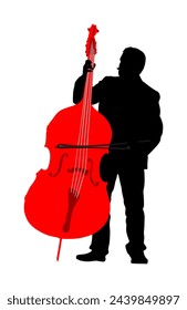 Man playing contrabass vector silhouette illustration isolated. Music man with contra bass standing on concert event stage. Double bass performer shape shadow. Classic musician with string instrument.