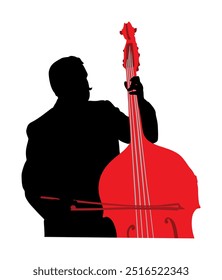 Man playing contrabass vector silhouette illustration isolated. Music man with contra bass standing on concert event stage. Double bass performer shape shadow. Classic musician with string instrument.