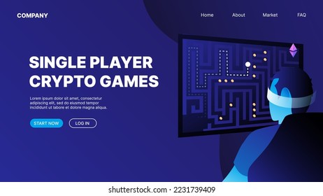 A man playing crypto games. P2E Crypto Games Landing Page Concept. Singe player crypto games. Vector illustration