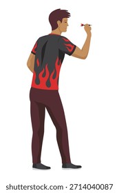 Mann, der Darts spielt. Zielt auf das Ziel. Männlicher Charakter bereit zu werfen Pfeil. Hobby und Freizeit. Dartboard an der Wand. Metapher der Errungenschaftsziele. Spiel. Cartoon, isoliertes Vektorkonzept