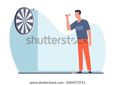 Man playing darts. Aim at target. Male character ready to throw arrow. Hobby and leisure time. Dartboard on wall. Achievement goals metaphor. Play game. Cartoon isolated vector concept