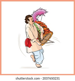 man playing dhol in durga puja color illustration