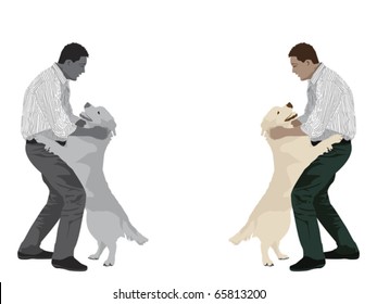 man playing with dog