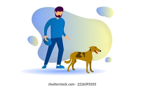 Der Mann spielt mit dem Hund. Eine schöne, süße flache Illustration für Blogs, Postkarten, Poster und Ihre anderen Projekte. Vektorgrafik.