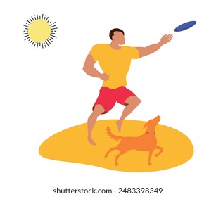 man playing with dog and Frisbee on beach, wearing yellow shirt, red shorts. Summer activities outdoor, man and pet friendship, sport active lifestyle vector flat illustration for poster, banner, card