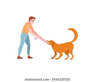 Man playing with dog. Happy pet owner. Person caring about companion doggy, pup, canine animal. Flat vector illustration isolated on white background