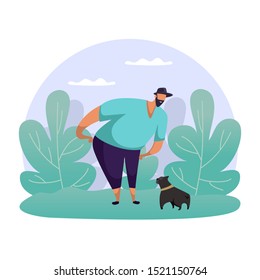 Man playing with dog at nature. Flat guy strolling with pet at park. Cartoon male walking with puppy bulldog at summer. Scene with bushes and animal. Simple people scene. Outdoor banner