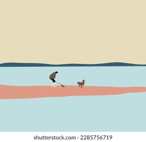 Mann, der morgens mit dem Hund am Strand spielt. Sommerspass Surfen Urlaub mit Ihrem Hund, Tierfreundlichkeit Reise und Outdoor Abenteuer Lifestyle.