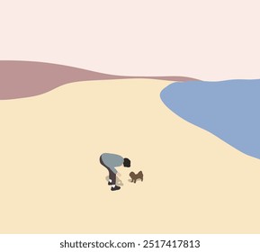 Man playing with dog on the beach. Having fun and relaxation Holiday vacation on sunny summer day. Minimal art Design. 