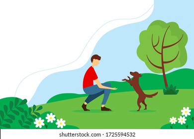 Hombre jugando con un perro en el parque. Ilustración conceptual de la recreación al aire libre. Ilustración vectorial de verano en estilo plano.