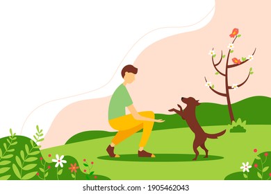 Man playing with a dog in the Park. Concept illustration of outdoor recreation. Spring vector illustration in flat style.