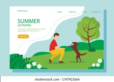 Man playing with the dog in the Park. Conceptual illustration of outdoor recreation, active pastime. Summer vector illustration in flat style. svg
