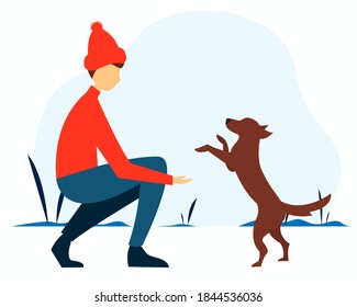 Man playing with a dog in the Park. Cute winter vector illustration in flat style.