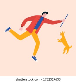 Man playing with dog with stick. Hand drawn vector illustration for aniamal shelter or dog walking services website or promotional materials.