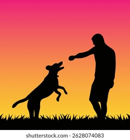 Man playing with a dog at sunset