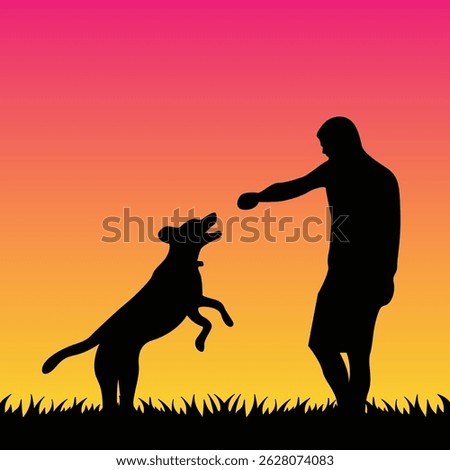 Man playing with a dog at sunset