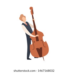 Man Playing Double Bass, Male Jazz Musician Character in Elegant Clothes with Musical Instrument Vector Illustration