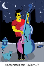 Man playing the double bass and singing on the street while cat is looking at him.