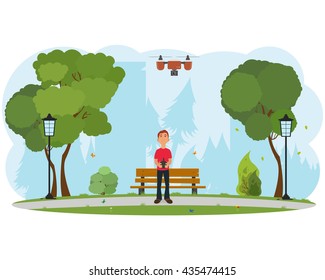 man playing with the drone. guy runs a flying drone. vector