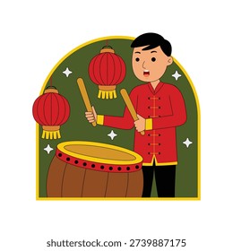 Man Playing Drum with Chinese Lantern Illustration