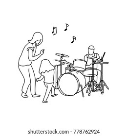 man playing drum and his wife and girl dancing vector illustration outline sketch hand drawn with black lines isolated on white background. Happy family concept.