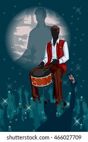 Man playing drum in Music band performance. Vector illustration