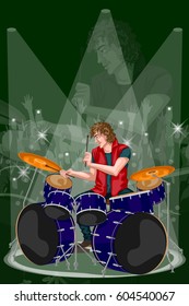 Man playing drum in Music band performance. Vector illustration