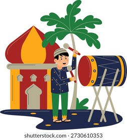 Man Playing Drum Near Mosque Vector Illustration