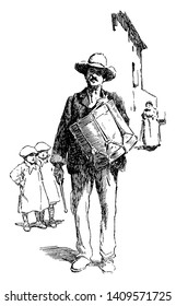 A man playing a drum on street and children looking at him, vintage line drawing or engraving illustration
