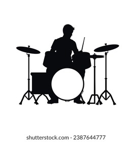 Man playing drum silhouette, male drummer holding drumsticks up, drummer silhouette