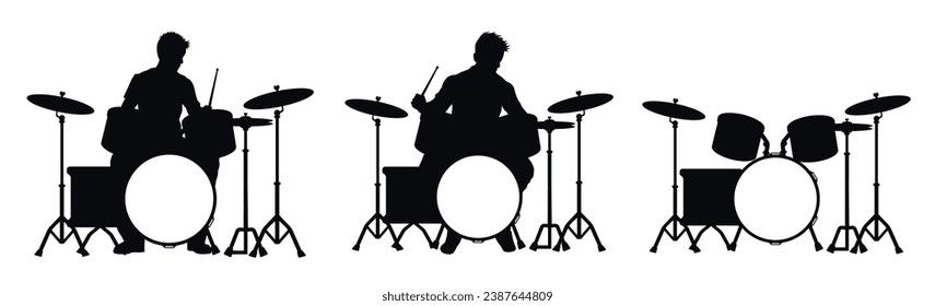 Man playing drum silhouette, male drummer holding drumsticks up, drummer silhouette