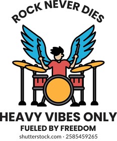 A man playing drums with a banner in the style of sign illustrations