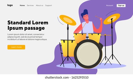 Man playing drums. Musician, concert, musical instrument flat vector illustration. Music, entertainment, equipment, rock band for banner, website design or landing web page