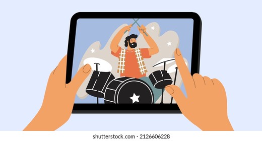 Man playing drums through tablet screen. Communication, video conference, online music concert, podcast, app. Mobile online services. Vector illustration in flat style. 