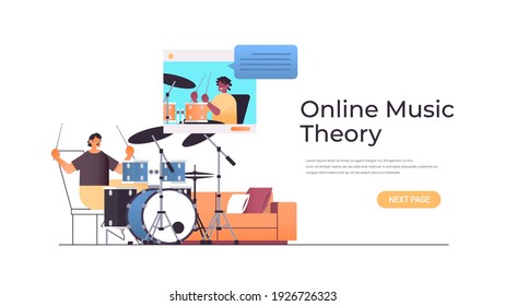 man playing drums while watching video lessons with african american teacher in web browser window online music theory concept horizontal copy space vector illustration