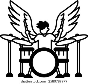 A man is playing drums with wings on his head. The wings are large and spread out, giving the impression of a powerful and energetic performance