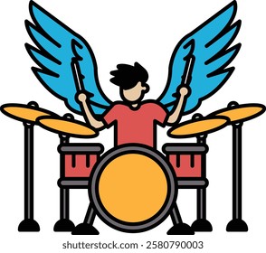 A man playing drums with wings on his arms. The wings are blue and red. The man is wearing a red shirt