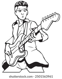 A man is playing an electric guitar. Illustration in black and white and vector format. Please note that this illustration is not AI Generated content.