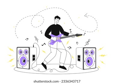 Man playing electric guitar line concept. Young guy with musicial instrument on stage. Live show or performance. Creativity and art. Rock and heavy metal. Linear flat vector illustration