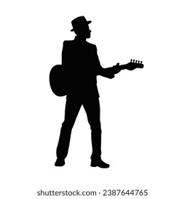 Man playing electric guitar silhouette, male electric guitar player, male musician guitarist on stage silhouette