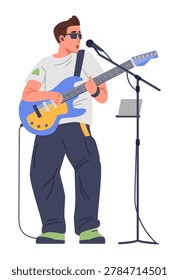 Man playing electric guitar and singing into microphone flat vector illustration isolated on white.