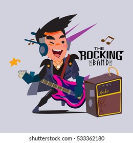man playing electronic guitar with amplifier .rocker character design. rock band concept - vector illustration