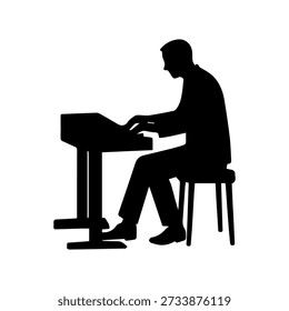 Man playing electronic keyboard sitting on a chair, isolated black silhouette
