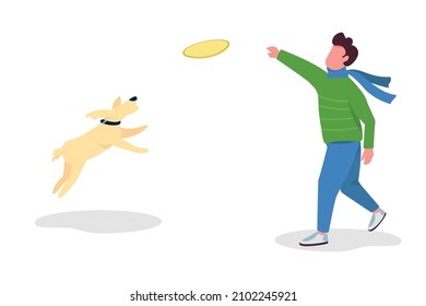 Man playing fetch with dog semi flat color vector character. Two figures. Full body person on white. Autumn activity isolated modern cartoon style illustration for graphic design and animation