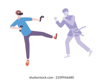 Hombre jugando juego de combate en gafas de realidad virtual ilustración vectorial de icono plano