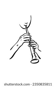 Man playing the flute, Drawing of a wind musical instrument with hands isolated, Vector simple linear sketch, Hand drawn illustration