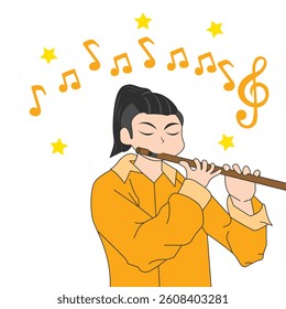 Man playing flute. Scale and musical notes. Flat style background